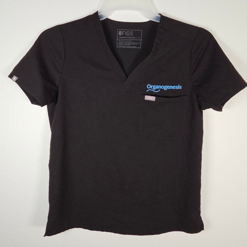 FIGS Black Embroidered Organogenesis Scrub Top Short Sleeve V Neck Size S